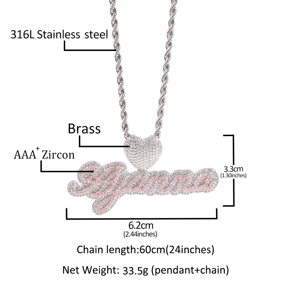 Uwin Csutom Cursive Letter With Heart Clasp Custom Name Necklace Tennis Chain Cubic Zirconia Fashion Hiphop Jewelry